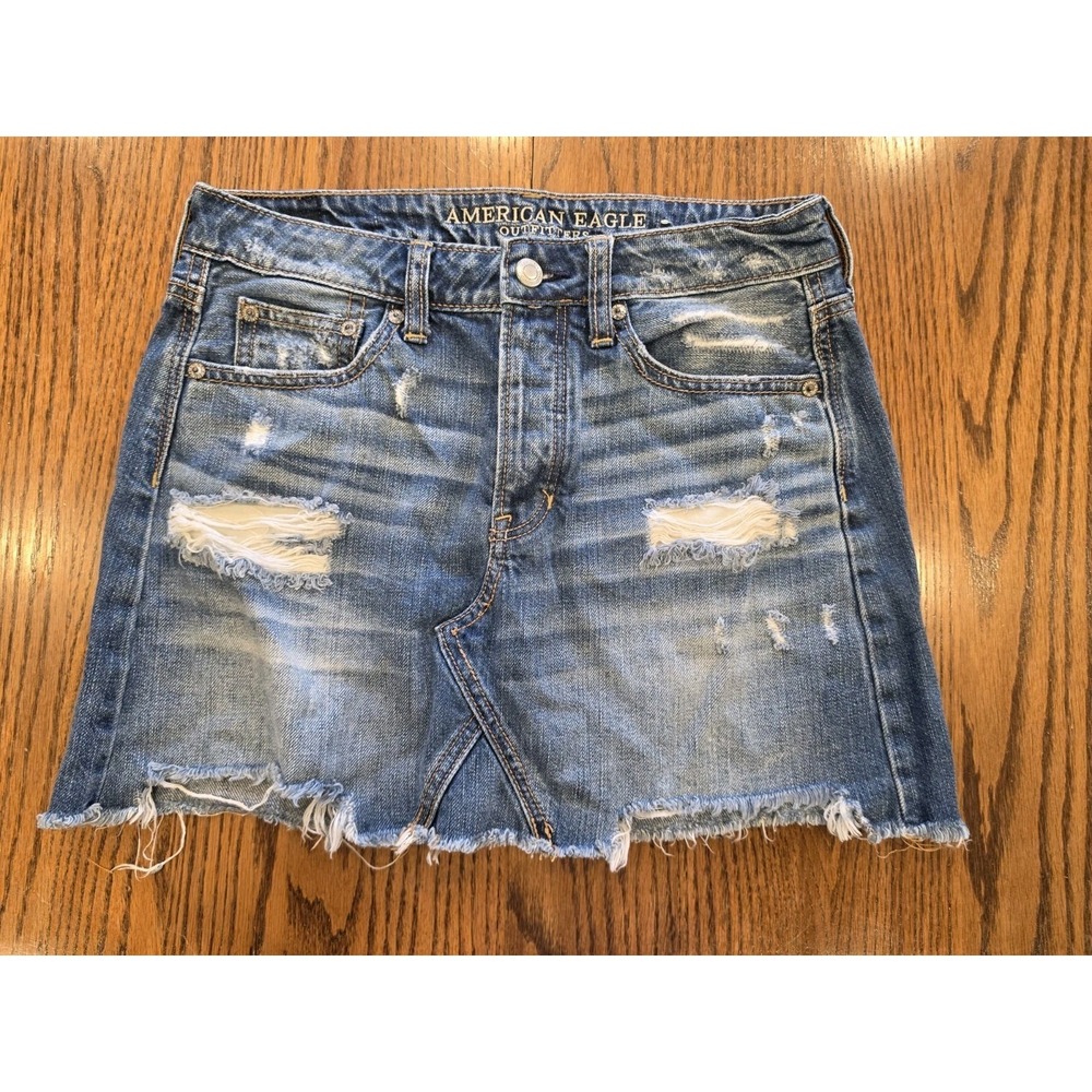 American Eagle Hi Rise Festival Distressed Denim Mini Skirt Size 2 Y2K Style